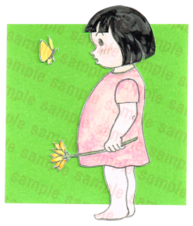 お花を片手にもったおかっぱの少女と蝶々がお互い興味津々、友好的に見つめ合っているイラスト