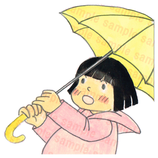 傘をさしているおかっぱの少女のイラスト