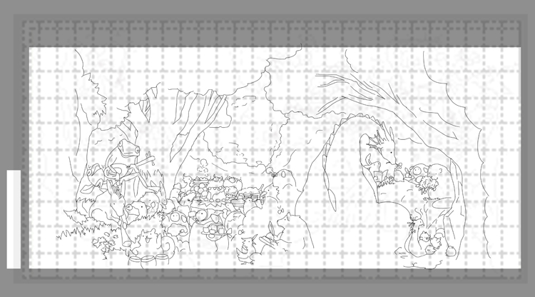 絵全体の輪郭線と、その上にガイドの点線が細かく格子状に描かれている設計図のようなイラスト